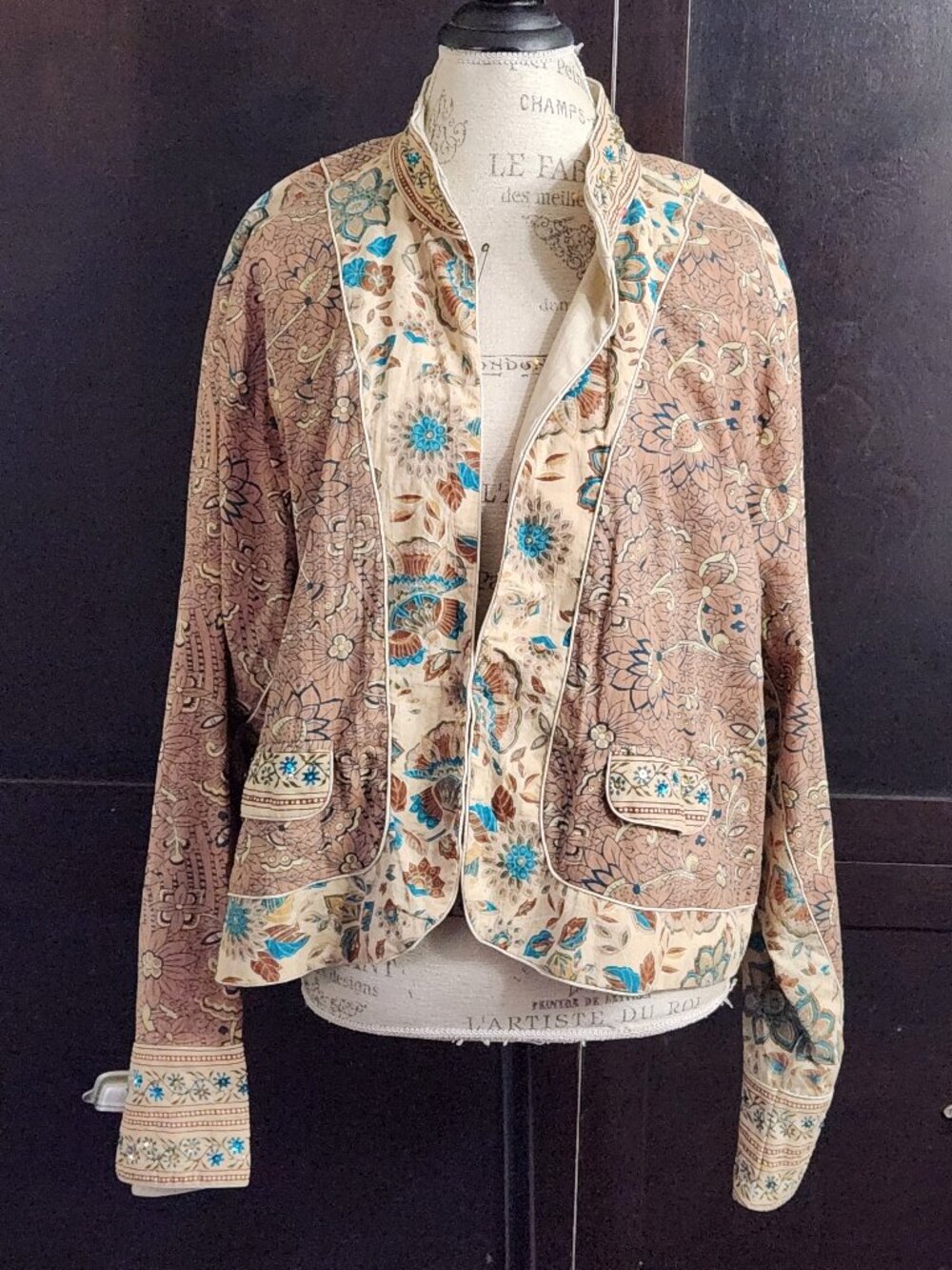 Vintage Phool India Block Print Sequined Jacket 3X Cotton Boho Hippie Floral